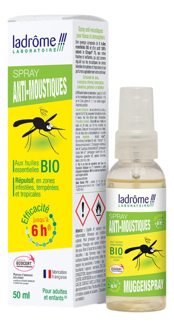 Spray anti moustiques aux huiles essentielles bio 50ml Le spray anti moustiques bio de Ladrôme contient une synergie d'huiles essentielles bio et un actif naturel à l'action répulsive. Efficace en zones tempérées et tropicales.  50ml
